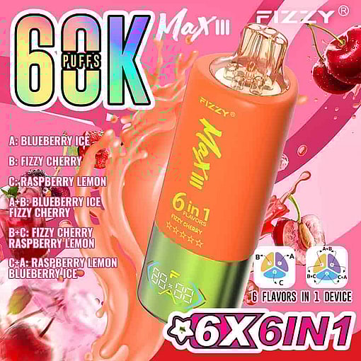 Colorful Advertisement For Fizzy Max Iii Vape, Featuring An Orange And Green Device, Fruit And Drink Splashes In The Background, And Text Highlighting 60,000 Puffs, 6 Flavors In 1 Device, And Flavor Options Like Blueberry Ice, Fizzy Cherry, And Raspberry Lemon.
