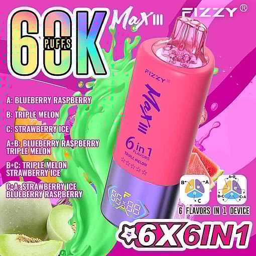Promotional Image For The Fizzy Max Iii 6-In-1 Vape Device, Featuring A Pink And Purple Vape With Fruit-Themed Graphics, Highlighting Six Flavor Combinations Including Blueberry Raspberry, Triple Melon, And Strawberry Ice, Set Against A Vibrant Pink Background With Dynamic Splashes And Text Emphasizing 60K Puffs.