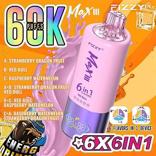 Advertisement For Fizzy Max Iii Vape, Highlighting 60,000 Puffs, A Pink And Purple Device, 6 Flavors In One (Strawberry Dragon Fruit, Red Bull, Raspberry Watermelon, And Their Combinations), And Colorful Graphics With Energy Drink Imagery.