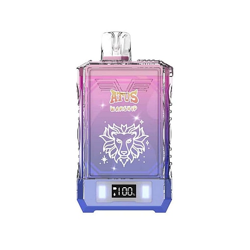 Rectangular Vape Device With A Gradient Pink And Purple Body, A Lion Illustration, Digital Battery Display, And Text Reading 'Afus Warship.'