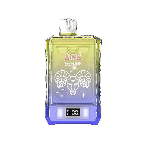 Colorful Rectangular Vape Device Labeled 'Afus Warship' With A Digital Display Showing '100%' And A White Ram Head Graphic On The Front.
