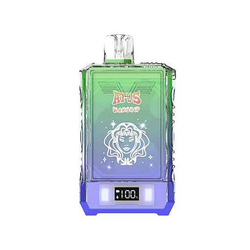 Colorful Vape Device Labeled 'Atus Warship' With A Graphic Of A Woman'S Face And A Digital Display Showing 100%.