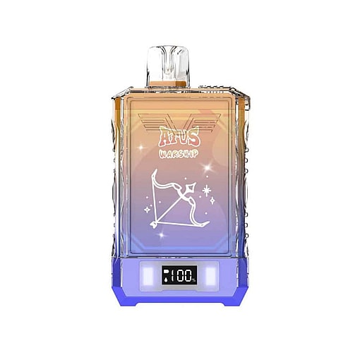 Colorful Rectangular Vape Device Labeled 'Atvs Warship' With A Bow And Arrow Graphic And A Digital Display Showing 100%.