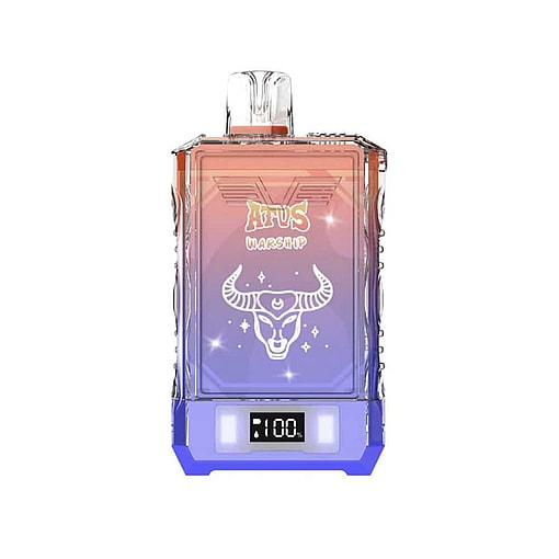 Colorful Rectangular Vape Device Labeled 'Afus Warship' With A Bull Head Design And A Digital Display Showing '100%'.