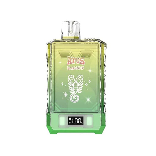 A Rectangular, Translucent Green And Yellow Vape Device Labeled 'Afus Warship' With A White Scorpion Graphic And A Digital Screen Displaying '100%'.