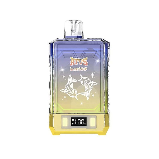 Colorful Afus Warship Vape Device Featuring Two Illustrated Hummingbirds, A Digital Display Showing 100 Percent, And Sparkly Accents On The Front.