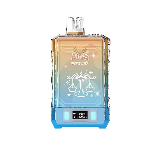 Colorful Rectangular Vape Device With A Clear Top, Digital Display Showing 100%, And Graphics Including The Word Atvs, The Word Warship, And A White Scales Of Justice Illustration.