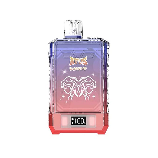 Colorful Rectangular Vape Device Labeled 'Afus Warship' With A Digital Screen Displaying '100%' And An Illustration Of Two Mirrored Faces.
