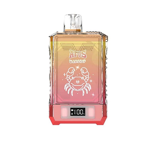 Colorful Vape Device With A Cartoon Crab Illustration, The Words 'Afus Warship,' And A Digital Display Reading '100%.''