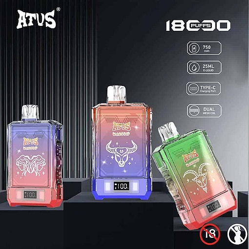 Display Of Three Colorful Atus Brand Disposable Vapes With Animal Illustrations, Product Specifications, And An 18+ Age Restriction Warning. Atvs Warship 18000