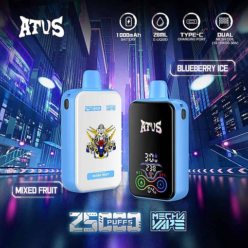Promotional Image Displaying Two Atus Mecha Vape Devices In A Futuristic, Neon-Lit Cityscape, Highlighting Key Features Like 1000Mah Battery, 28Ml E-Liquid Capacity, Type-C Charging, Dual Mesh Coil, And Flavors Labeled As Mixed Fruit And Blueberry Ice, With Text Noting 25,000 Puffs.