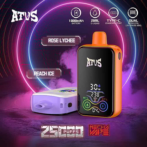 Two Colorful Electronic Vape Devices Labeled &Quot;Atus&Quot; With Led Displays, Highlighting Features Such As 1000Mah Battery, 28Ml E-Liquid Capacity, Type-C Charging Port, Dual Mesh Coil, And Flavors Rose Lychee And Peach Ice, Set Against A Neon-Lit Background With Text Indicating 25,000 Puffs.