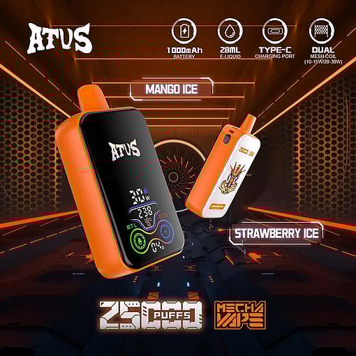 Promotional Image For Afus Vape Devices In Mango Ice And Strawberry Ice Flavors, Featuring Two Orange And Black Devices With Product Specifications Including 1000Mah Battery, 28Ml E-Liquid, Type-C Charging, Dual Mesh Coils, And 25,000 Puff Capacity, Displayed In A Futuristic, Neon-Lit Tunnel Setting.