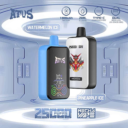 Two Afus Branded Vape Devices, One Blue Labeled 'Watermelon Ice' And The Other Black And White With A Robot Graphic Labeled 'Pineapple Ice', Displayed In A Futuristic Environment With Icons Highlighting Features Like 1000Mah Battery, 28Ml E-Liquid, Type-C Charging Port, Dual Mesh Coil, And 25000 Puffs.