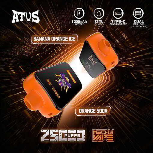 Promotional Image For Atvs Mecha Vape Featuring A Bright Orange Vape Device, Flavor Options Banana Orange Ice And Orange Soda, And Icons Highlighting A 1000Mah Battery, 28Ml E-Liquid, Type-C Charging, Dual Mesh Coil, And 25000 Puffs.