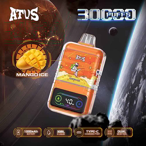 Promotional Image For A Mango Ice Flavored Disposable Vape Device Named Atus, Showing The Vape In An Outer Space Background With Icons Highlighting Features Like 30,000 Puffs, 1000Mah Battery, 30Ml E-Liquid Capacity, Type-C Charging, And Dual Mesh Coil.