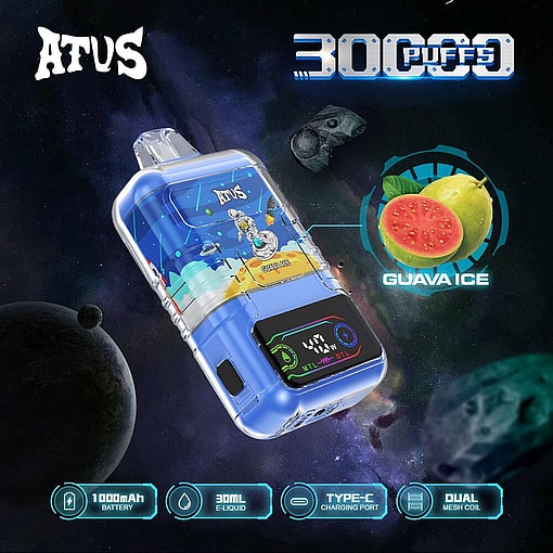 Atvs Branded Vape Device In Space-Themed Packaging, Featuring A Display Screen And Promoting Guava Ice Flavor With 30,000 Puffs, 1000Mah Battery, 30Ml E-Liquid, Type-C Charging Port, And Dual Mesh Coil.