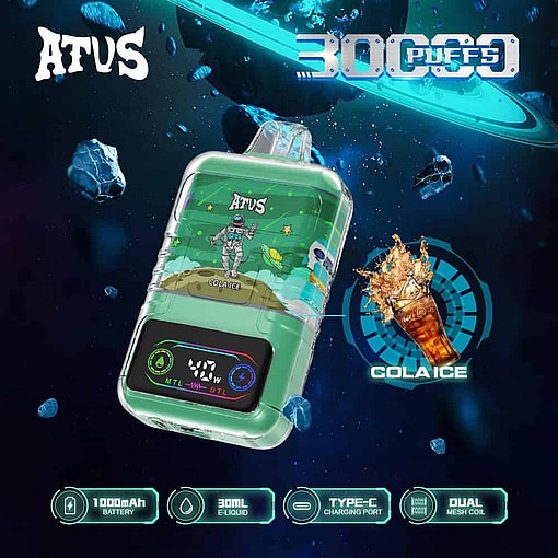 Promotional Image For Atus Cola Ice Disposable Vape Showing A Green And Clear Device With A Digital Display, An Astronaut Illustration, A Glass Of Cola With Ice, And Features Like 30,000 Puffs, 1000Mah Battery, 30Ml E-Liquid, Type-C Charging Port, And Dual Mesh Coil, All Set Against A Space-Themed Background With Asteroids And A Planet Ring.