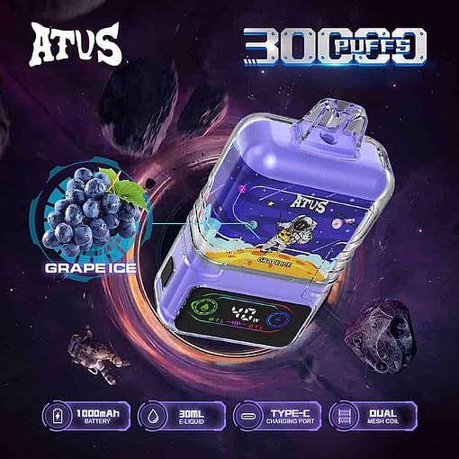 Promotional Image For An Atus Grape Ice Disposable Vape, Featuring A Purple Space-Themed Device With An Astronaut Illustration, Labeled For 30,000 Puffs, And Highlighting Specifications Such As 1000Mah Battery, 30Ml E-Liquid, Type-C Charging Port, And Dual Mesh Coil, With Visuals Of Grapes And A Space Background.