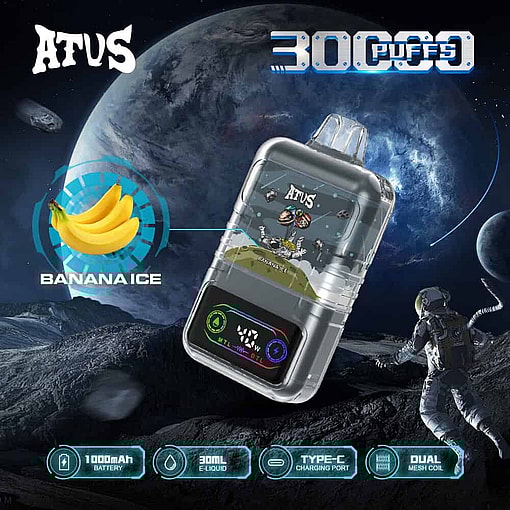 Promotional Image Of An Atus Banana Ice Vape Device With A Space-Themed Background, Featuring A Planet, Astronaut, And Highlighted Features Such As 30,000 Puffs, 1000Mah Battery, 30Ml E-Liquid, Type-C Charging Port, And Dual Mesh Coil.