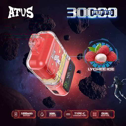 Atvs Lychee Ice Disposable Vape Device With 30,000 Puffs, Featuring A Bright Red Design, Astronaut Illustration, Lychee Fruit Imagery, And Key Specs Including A 1000Mah Battery, 30Ml E-Liquid, Type-C Charging, And Dual Mesh Coil, Set Against A Space-Themed Background With Asteroids And An Astronaut.