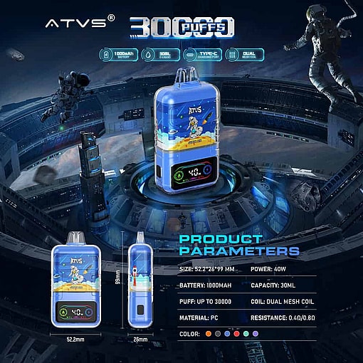 Futuristic Advertisement For The Atvs 30000 Vape Device Featuring A Blue Gadget With A Cartoon Astronaut Design, Product Specifications, And A Space Station Background With Floating Astronauts.