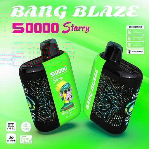 To Bang Blaze Starry 50000 engangsvape-enheder i sort og neongrøn med stjernebillededesign og en tegneserieabe med solbriller, med vandmelonissmag og ikoner, der fremhæver Type-C-opladning, dobbelt mesh, NPU-teknologi og et 550mAh batteri.