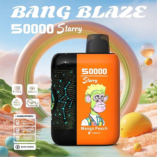 Bang Blaze 50000 Starry Vape-enhed i mango-ferskensmag med en illustreret tegneserieabe, farverig baggrund med abstrakte ringe og orange kugler samt produktikoner som Type-C-opladning og 550mAh batteri.