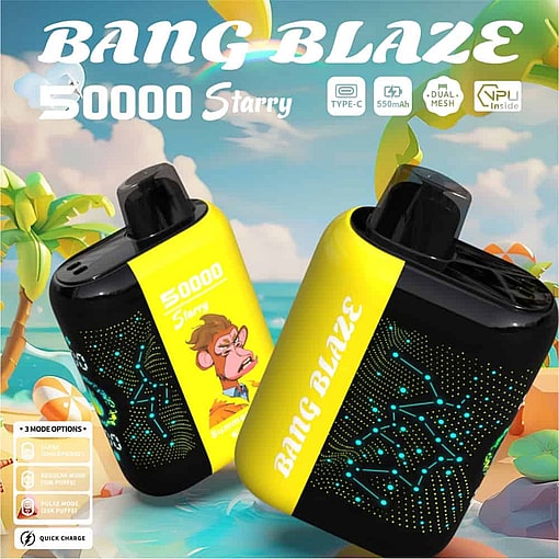 Farverig reklame for Bang Blaze 50000 Starry Vape-enheden med to slanke sort-gule enheder, digital grafik, illustration af en tegneserieabe, tropisk baggrund med palmer og produktfunktioner som Type-C-opladning, 550mAh batteri, dobbelt mesh, tre tilstandsmuligheder og hurtig opladning.