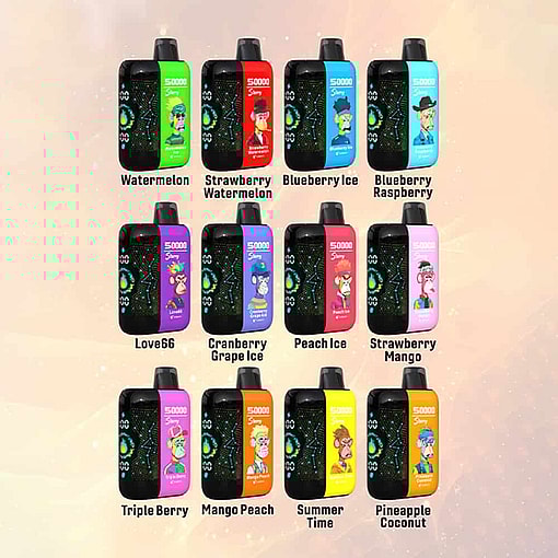 Display Of Twelve Vape Devices With Colorful Labels, Each Representing A Different Flavor Including Watermelon, Strawberry Watermelon, Blueberry Ice, Blueberry Raspberry, Love66, Cranberry Grape Ice, Peach Ice, Strawberry Mango, Triple Berry, Mango Peach, Summer Time, And Pineapple Coconut, Arranged In A Grid On A Soft Gradient Background.