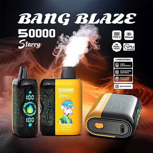 Promotional Image For Bang Blaze Starry 50000 Pineapple Coconut Vape Device, Showcasing Three Views Of The Product, Smoke Coming From The Central Device, Feature Icons, And A Cartoon Character Illustration On The Device Label.