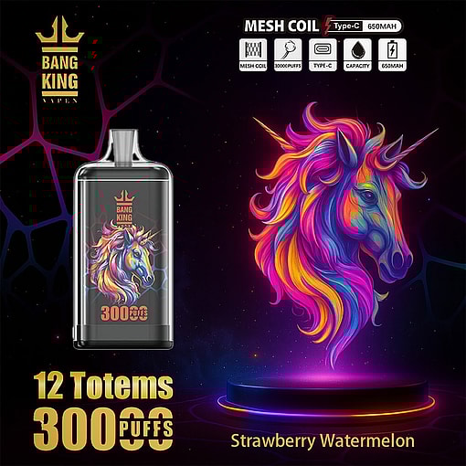 Promotional Image For Bang King Vape With A Vivid, Neon-Colored Unicorn Illustration, Highlighting 30000 Puffs, Mesh Coil, Type-C Charging, 650Mah Battery, And The Strawberry Watermelon Flavor.