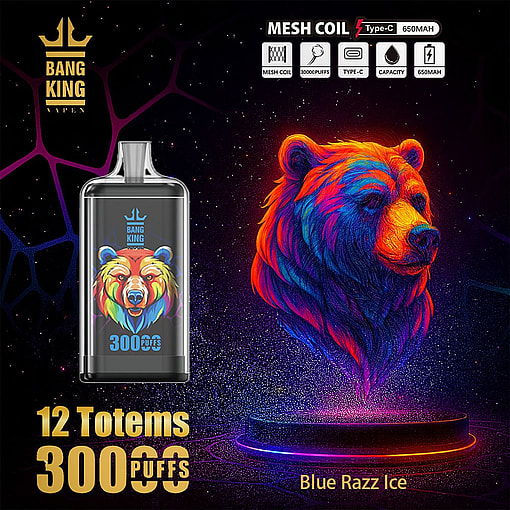Colorful Neon Illustration Of A Bear'S Head Next To A Bang King Vape Device Featuring A Matching Bear Design, With Product Features Like 'Mesh Coil', '30000 Puffs', And 'Blue Razz Ice' Flavor Highlighted.