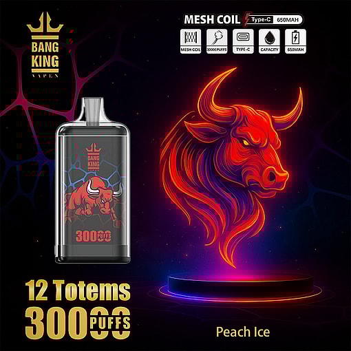 Advertisement For Bang King Vape Peach Ice Flavor Featuring A Vape Device With A Red Bull Illustration, Glowing Neon Bull Head Artwork, And Product Details Like Mesh Coil, 30,000 Puffs, 650Mah Battery, And Type-C Charging.