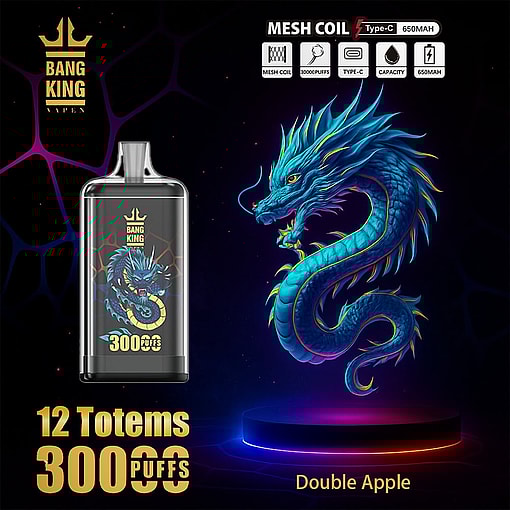 Advertising Image For Bang King Vape Featuring A Glowing Blue Dragon And A Vape Device With Matching Dragon Artwork, Highlighting Features Like Mesh Coil, 30000 Puffs, Type-C Charging, 650Mah Capacity, And The Double Apple Flavor.