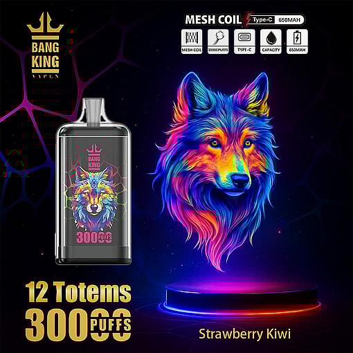 Promotional Image For Bang King Vape Featuring A Colorful, Neon Wolf Design With Details About 30,000 Puffs, Mesh Coil, 650Mah Battery, And The Strawberry Kiwi Flavor.