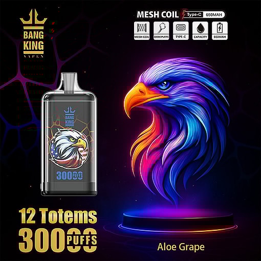 Promotional Image For Bang King Vapen Showing A Vape Device Decorated With An Eagle Illustration, Next To A Vibrant, Neon-Colored Eagle Head, Highlighting '12 Totems', '30000 Puffs', 'Aloe Grape' Flavor, And Device Features Like Mesh Coil And 650Mah Capacity.