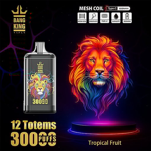 Advertisement For Bang King Vape Featuring A Product Image With A Colorful Lion Illustration, Highlighting 12 Totems, 30,000 Puffs, Mesh Coil, Type-C Charging, 650 Mah Capacity, And Tropical Fruit Flavor.