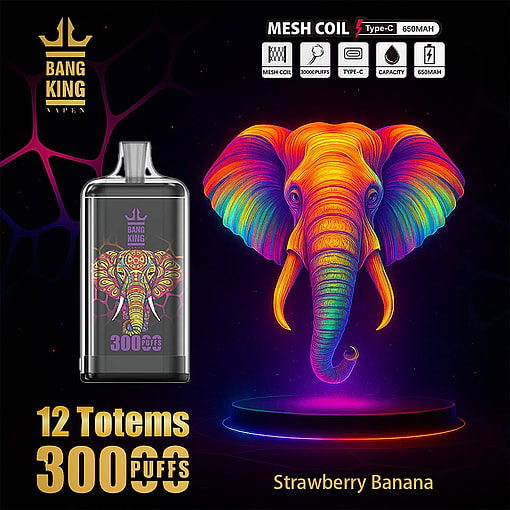 Promotional Image For Bang King Vape Featuring A Colorful, Neon-Style Illustrated Elephant, A Vape Device With The Same Elephant Design, And Text Highlighting 30,000 Puffs, Mesh Coil, Type-C Charging, 650Mah Capacity, And Strawberry Banana Flavor.