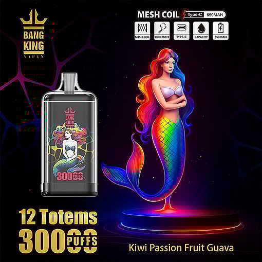 Bang King Vape Advertisement Featuring A Rainbow-Colored Mermaid And A Matching Vape Device Labeled '3000 Puffs' With Kiwi, Passion Fruit, And Guava Flavor, And Product Features Like Mesh Coil And 650Mah Battery Highlighted.