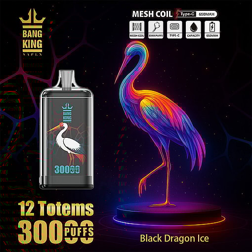 Promotional Image For Bang King Vape Black Dragon Ice Flavor, Featuring A Vape Device With A Crane Illustration, A Colorful Neon Crane, And Product Specs Including Mesh Coil, 650Mah Battery, And 30,000 Puffs.