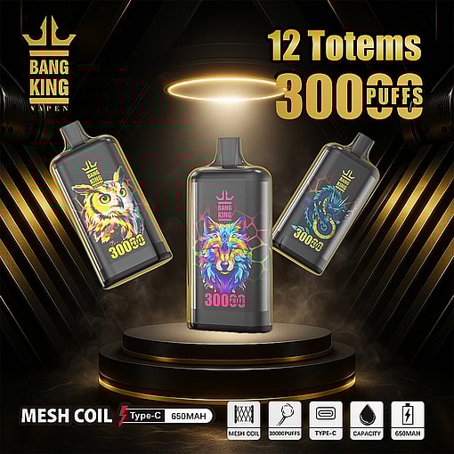 Three Bang King Vape Devices With Colorful Animal Totem Designs On Their Labels, Displaying Features Such As 30,000 Puffs, Mesh Coil, Type-C Charging, And 650 Mah Capacity, Set Against A Dramatic Black And Gold Background With Glowing Accents.