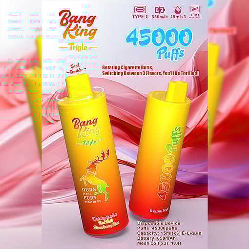 Advertisement For Bang King Triple Disposable Vape With 45,000 Puffs, Featuring Two Yellow And Red Gradient Devices And Text Detailing Features Such As 3-In-1 Flavor Switch, 650Mah Battery, And 15Ml E-Liquid Capacity Per Flavor.