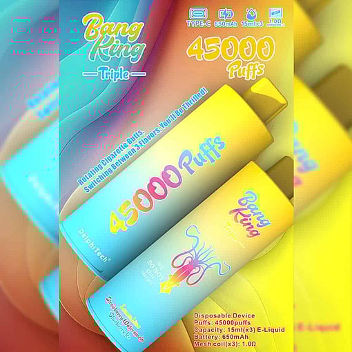 Colorful Advertisement For Bang King Triple Disposable Vape Device Highlighting Features Like 45,000 Puffs, 650Mah Battery, Three-Switchable Flavors, And Mesh Coil Technology.