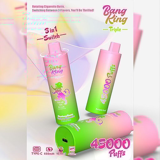 Colorful Advertisement For Bang King Triple Disposable Vape Featuring Three Gradient Pink And Green Devices, Highlighting 3-In-1 Switch For Three Flavors, 45,000 Puffs, And Type-C Charging.