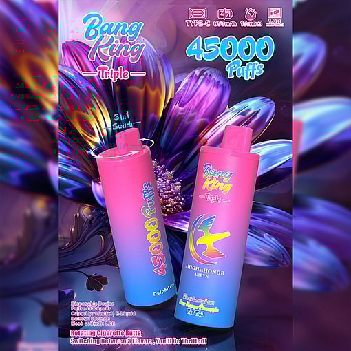 Advertising Image For Bang King Triple Disposable Vape, Featuring Two Pink And Blue Gradient Devices In Front Of A Colorful Flower, With Text Highlighting Features Like 45,000 Puffs, 650Mah Battery, 15Ml×3 Capacity, And Three Switchable Flavors.