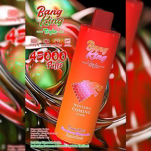 Promotional Image For The Bang King Triple Disposable Vape, Featuring A Red-Orange Device With A Wolf Graphic, The Text 'Winter Is Coming Stark,' And Claims Of 45,000 Puffs, Surrounded By Colorful Fruit Designs And Details About Its Tropical Fruit, Strawberry Watermelon, And Lemon Peach Flavors.