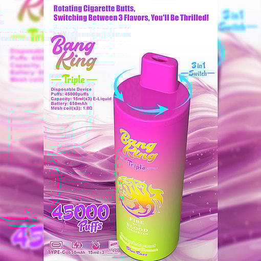 Brightly Colored Advertisement For Bang King Triple Disposable Vape Featuring 45,000 Puffs, A 650Mah Battery, 3-In-1 Rotating Switch, And Flavors Including Pineapple Coconut, Strawberry Banana, And Blue Razz.