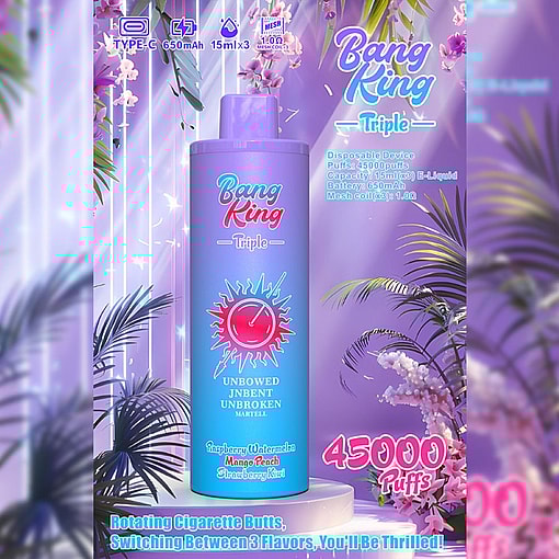 Product Advertisement Featuring A Purple Disposable Vape Device Labeled 'Bang King Triple' With Three Listed Flavors (Raspberry Watermelon, Mango Peach, Strawberry Kiwi), Surrounded By Tropical Plants And Flowers, And Displaying Features Like 45,000 Puffs And 650Mah Battery.