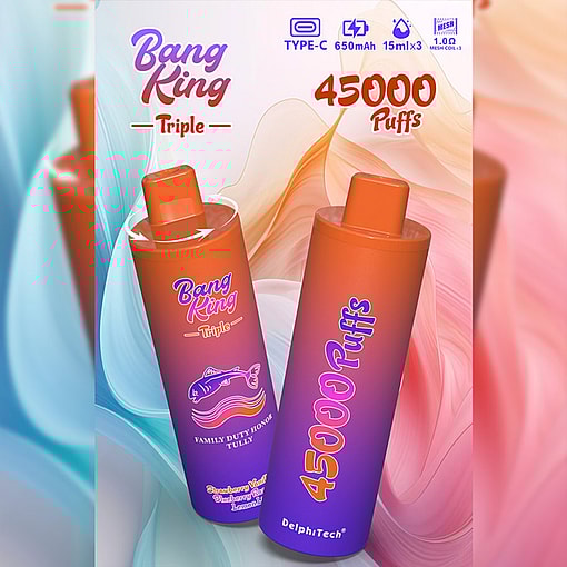 Promotional Image Of Two Bang King Triple Vape Devices In Orange And Purple Gradient, Advertising 45,000 Puffs, 650Mah Battery, 15Ml X3 Capacity, Type-C Charging, And Mesh Coil Technology, With Flavor And Brand Details Displayed.